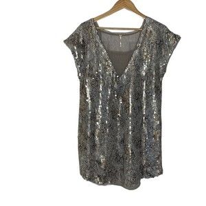 NWT Free People Gold Beige Sequin Dress Fully Lined Mesh Detail Size Medium